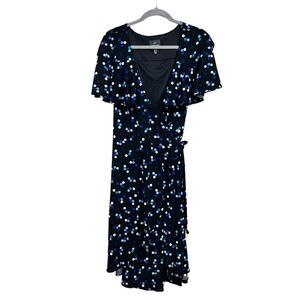 Adrianna Papell Womens Wrap Dress Fit Flare Polka‎ Dots Fluttery Sleeve Black 14